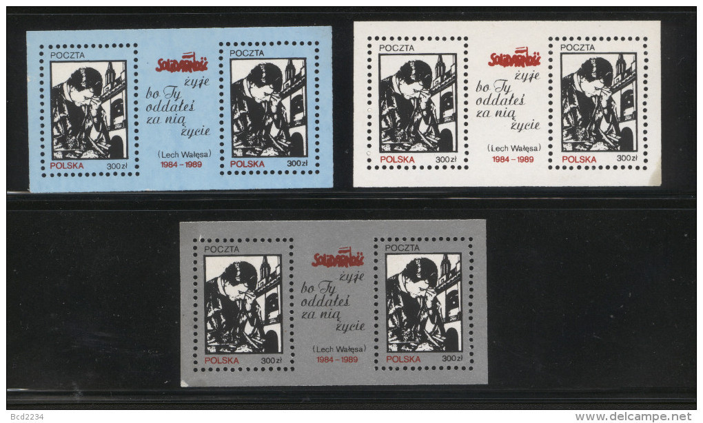 POLAND SOLIDARNOSC SOLIDARITY 1989 5TH ANNIV DEATH BLESSED FATHER JERZY POPIELUSZKO SET OF 3 MS RELIGION CHRISTIANITY - Viñetas Solidarnosc