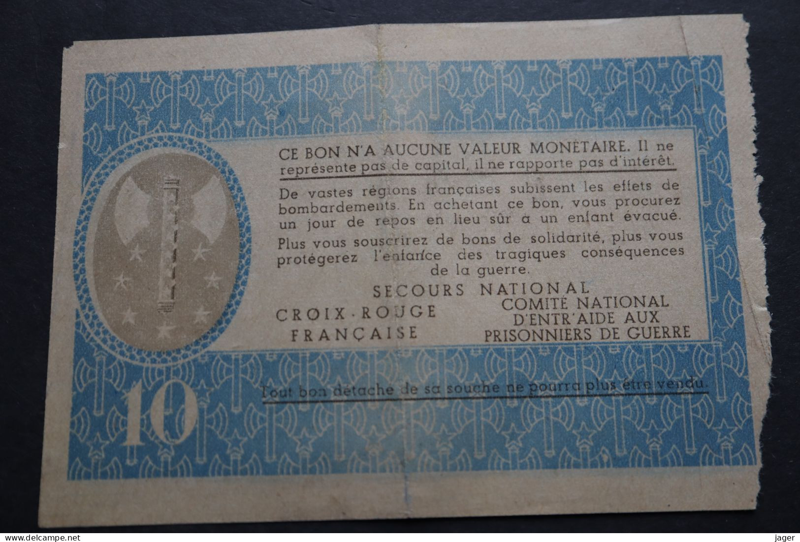 Bon De Solidarité 10 Francs Etat Français - Bons & Nécessité