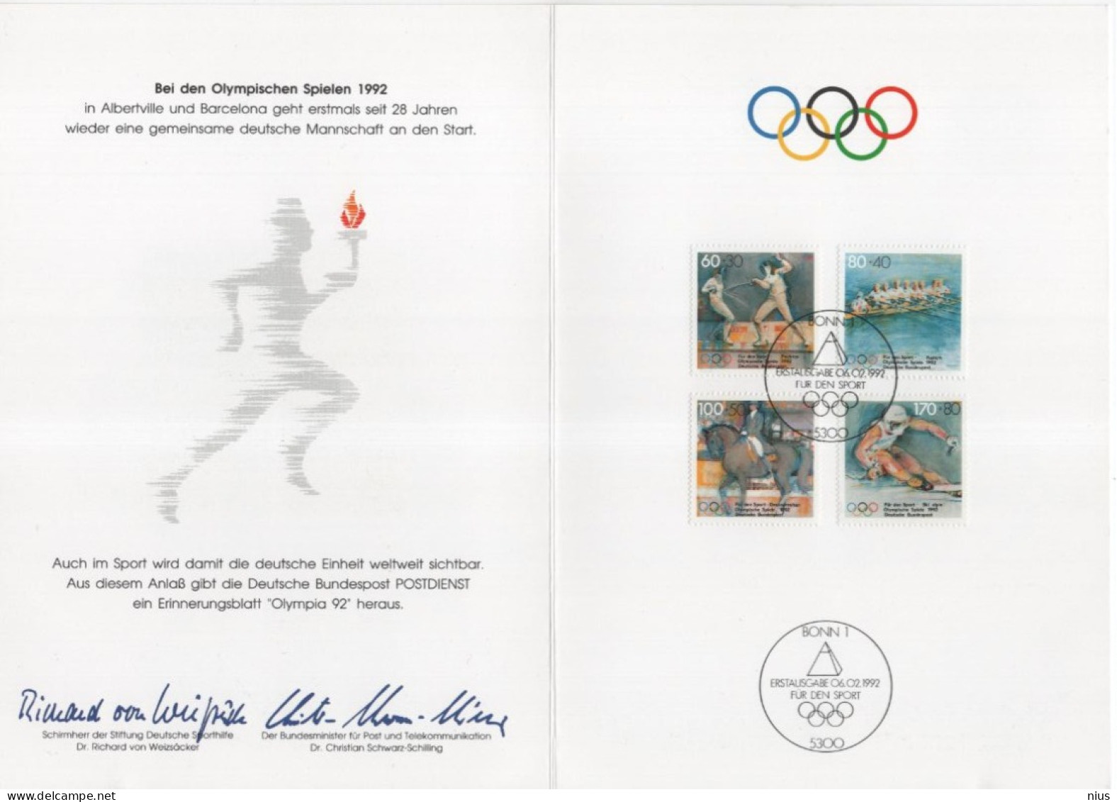 Germany Deutschland 1992 Fur Den Sport, Barcelona Olympic Games Skiing Riding Rowing Fencing, Olympische Spiele, Bonn - 1991-2000