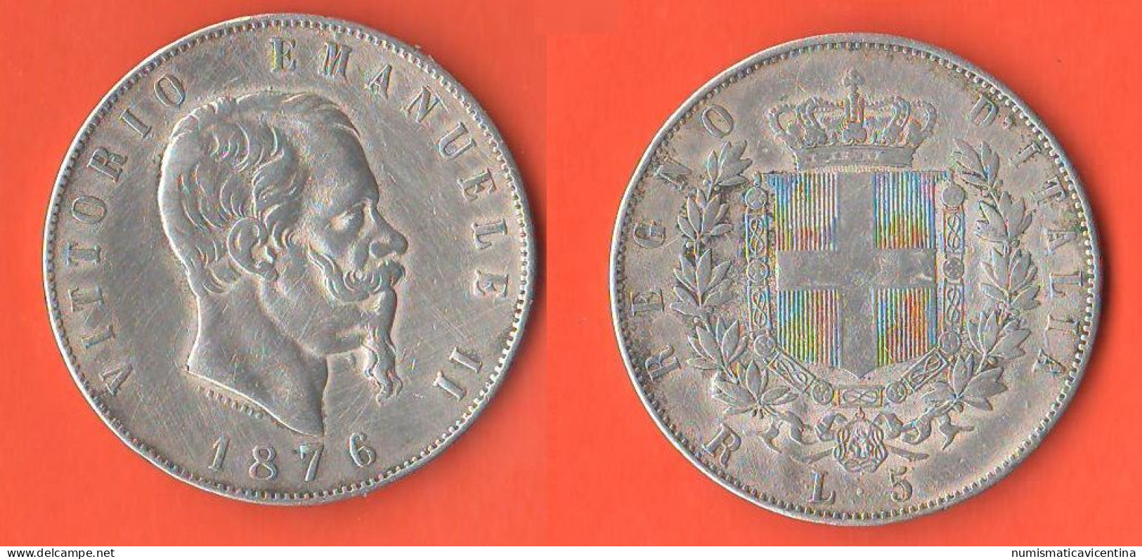 Italia 5 Lire 1876 Mint Roma Regno Italia Italie Italy Vittorio Emanuele II° Silver Coin C 22 - 1861-1878 : Victor Emmanuel II.