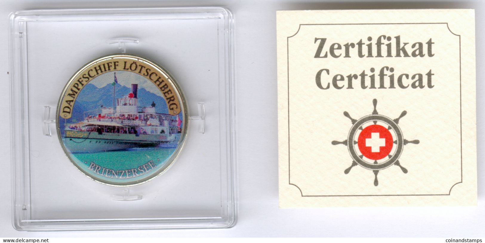 Suisse/Schweiz Farbmedaille Dampfschiff "Lötschberg - Brienzersee" D.30m, 13g, UNC. In Case + Zertifikat - Souvenirmunten (elongated Coins)