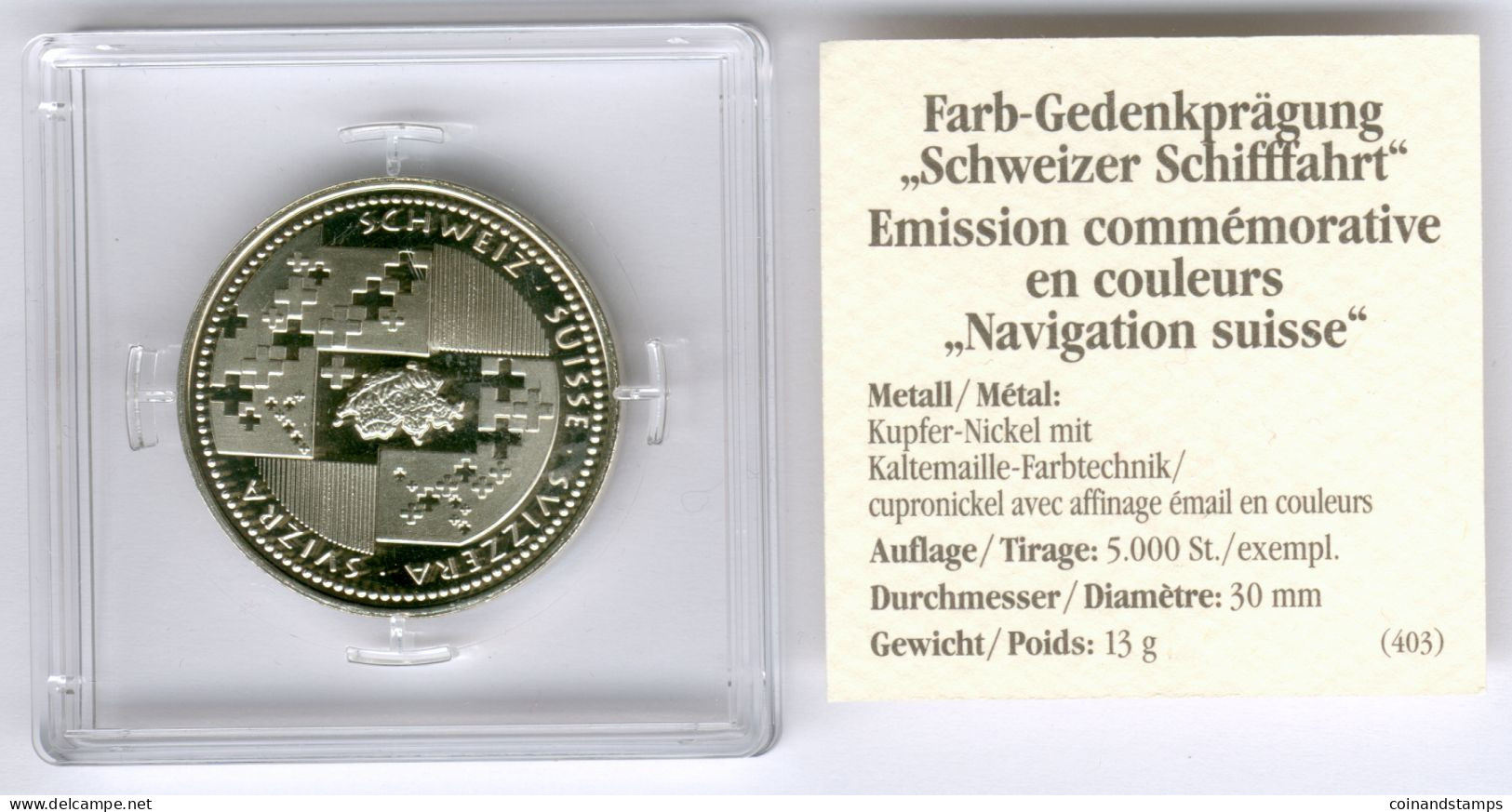 Suisse/Schweiz Farbmedaille Dampfschiff "Lötschberg - Brienzersee" D.30m, 13g, UNC. In Case + Zertifikat - Souvenirmunten (elongated Coins)