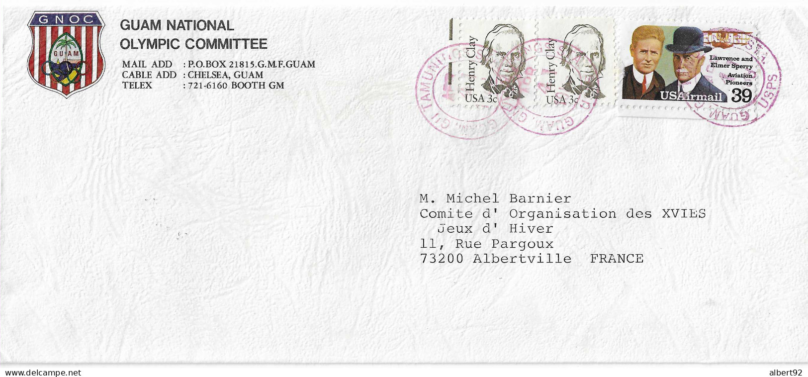 1988 Lettre Du Comité Olympique De Guam Adressée Au Président Du Comité D'Organisation Des Jeux Olympiques D'Albertville - Winter 1992: Albertville