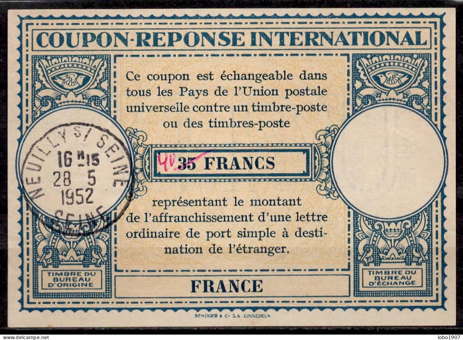 FRANCE 1951 Lo15  40 / 35 FRANCE  International Reply Coupon Reponse Antwortschein Cupon Respuesta  IRC IAS  O NEUILLY S - Buoni Risposte