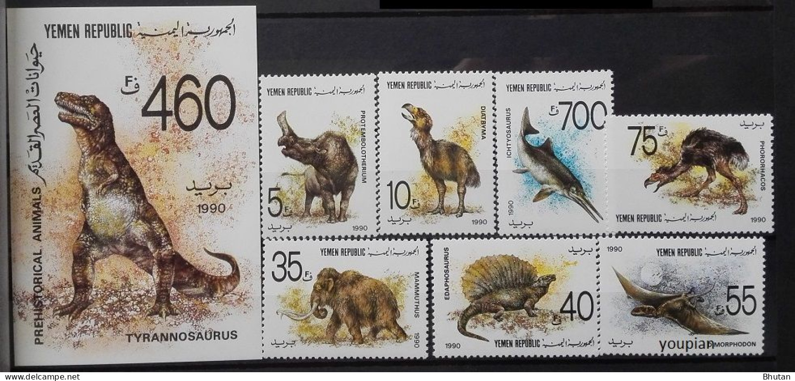 Yemen 1990, Dinosaurs, MNH S/S And Stamps Set - Yemen