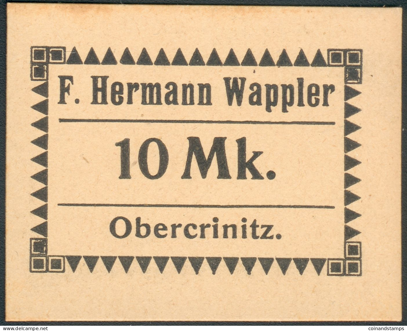 Notgeld Obercrinitz 10 Mark O.Datum/Jahr F.H. Wappler 51x41mm, II - Sonstige & Ohne Zuordnung