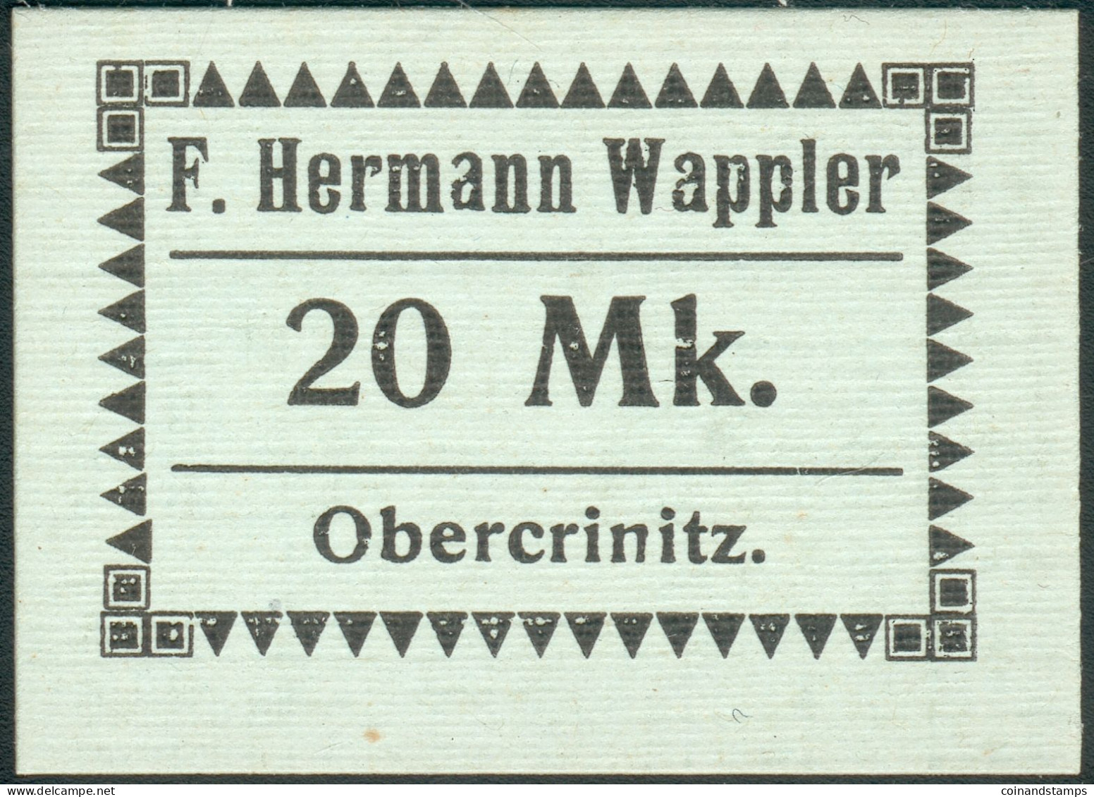 Notgeld Obercrinitz 20 Mark O.Datum/Jahr F.H. Wappler 52x38mm, I-II - Andere & Zonder Classificatie