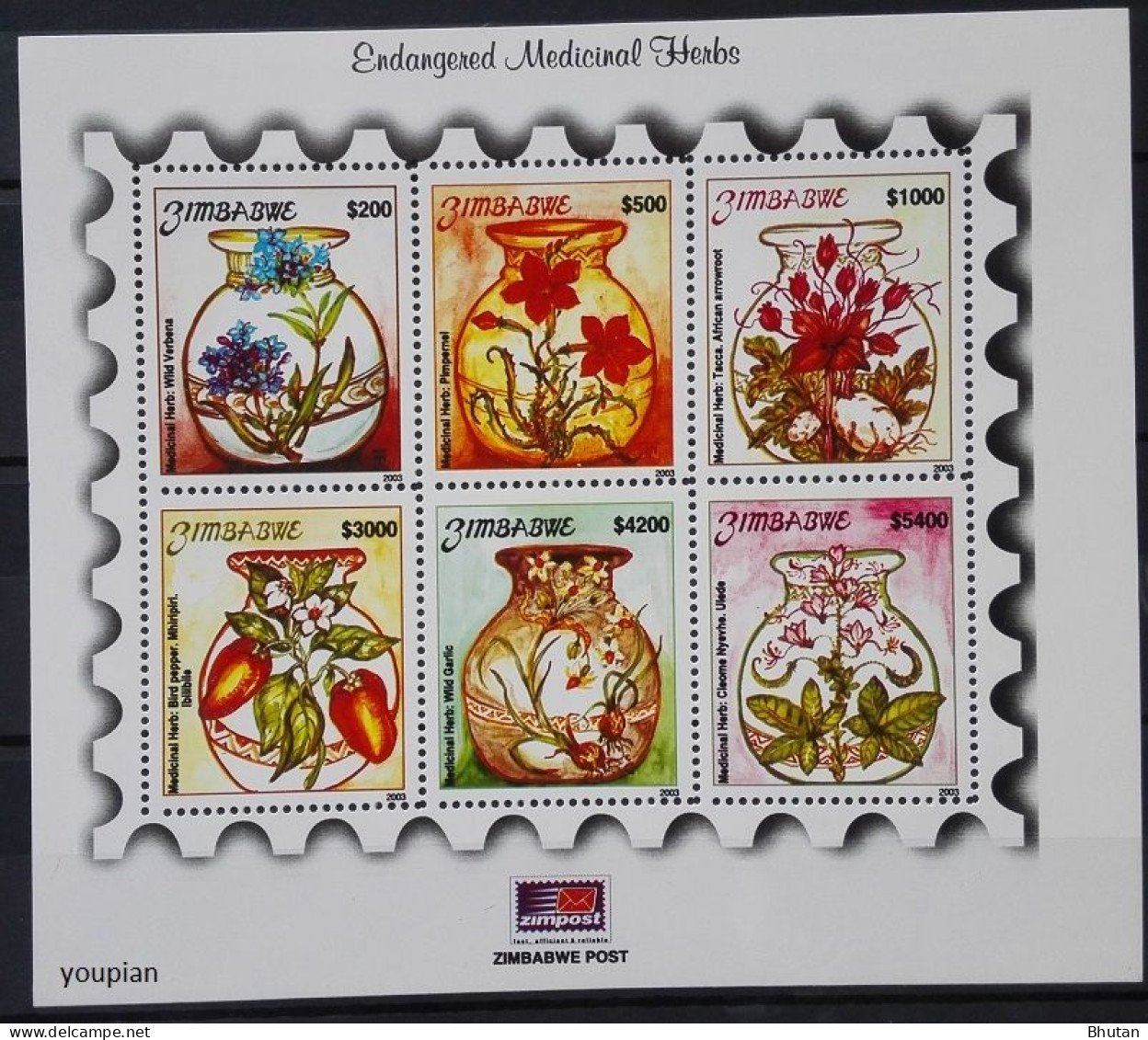 Zimbabwe 2003, Endangered Medicinal Herbs, MNH S/S - Zimbabwe (1980-...)