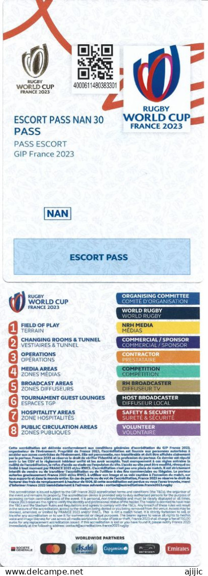 RUGBY WORLD CUP FRANCE 2023. ESCORT PASS TICKET`. GIP FRANCE - Rugby