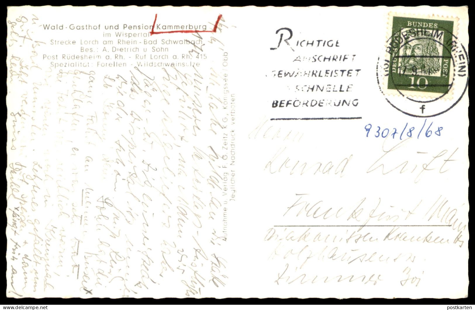 ÄLTERE POSTKARTE WALD-GASTHOF KAMMERBURG STRECKE LORCH BAD SCHWALBACH WISPERTAL POST RÜDESHEIM Postcard AK Ansichtskarte - Lorch