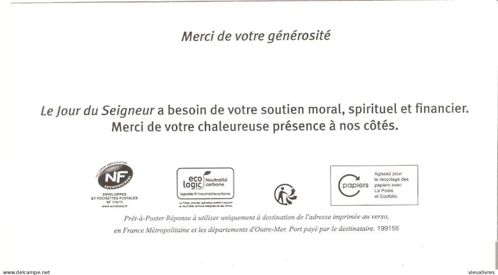 199156 CFRT LE Jour Du Seigneur PAP Marianne L'engagée YZ PRIO POSTREPONSE Entier Postal Stationery - Prêts-à-poster: Réponse /Marianne L'Engagée