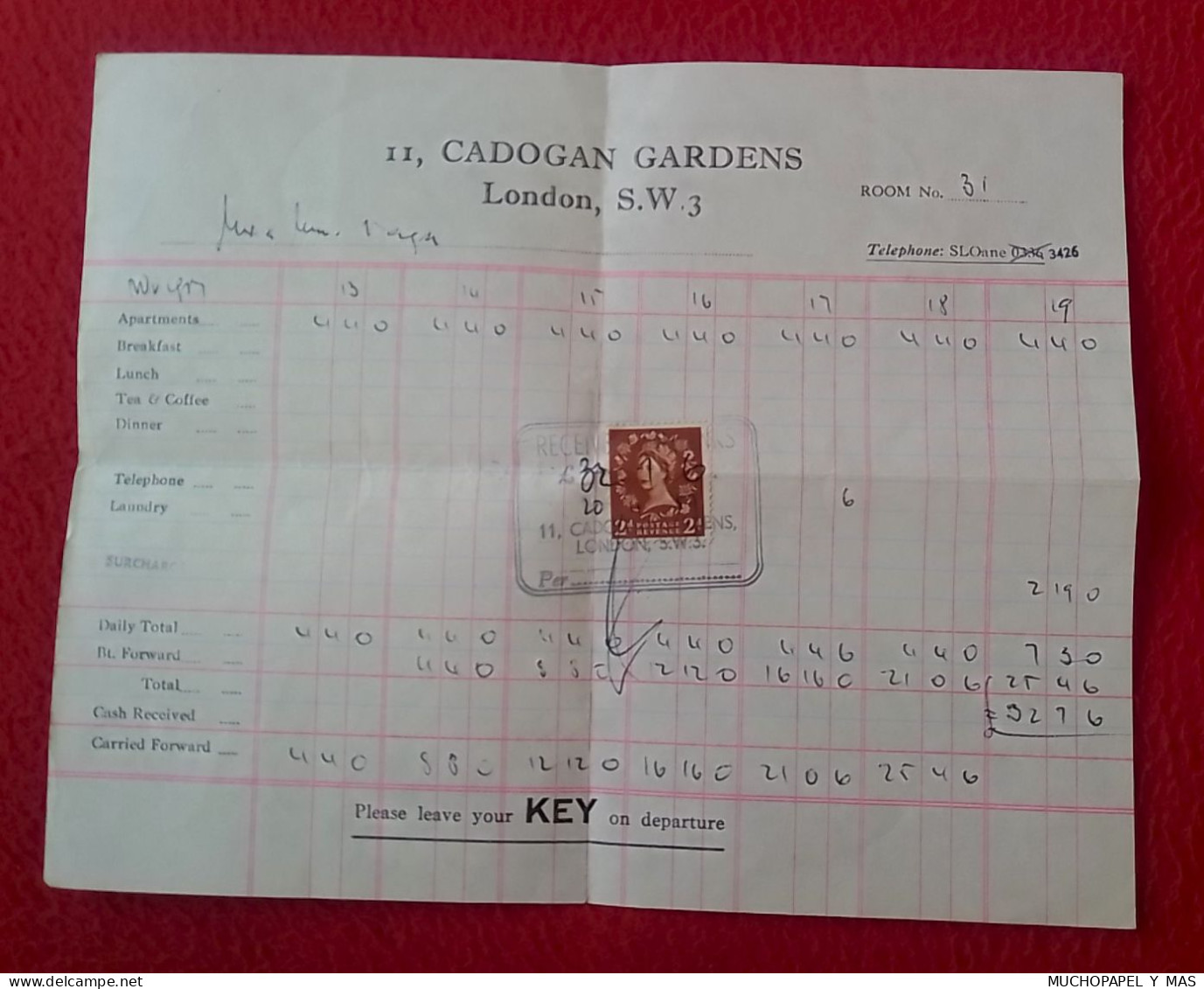 ANTIGUA FACTURA, ALBARÁN O DOCUMENTO SIMILAR CADOGAN GARDENS LONDON LONDRES INGLATERRA..UK ENGLAND INVOICE OR SIMIL..... - Verenigd-Koninkrijk