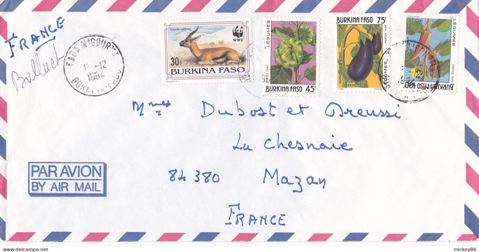 BURKINA-FASO -1994-lettre De FADA N'GOURMA Pour MAZAN-84(France)-Belle Composition De Timbres(animal,légumes)  ..cachets - Burkina Faso (1984-...)