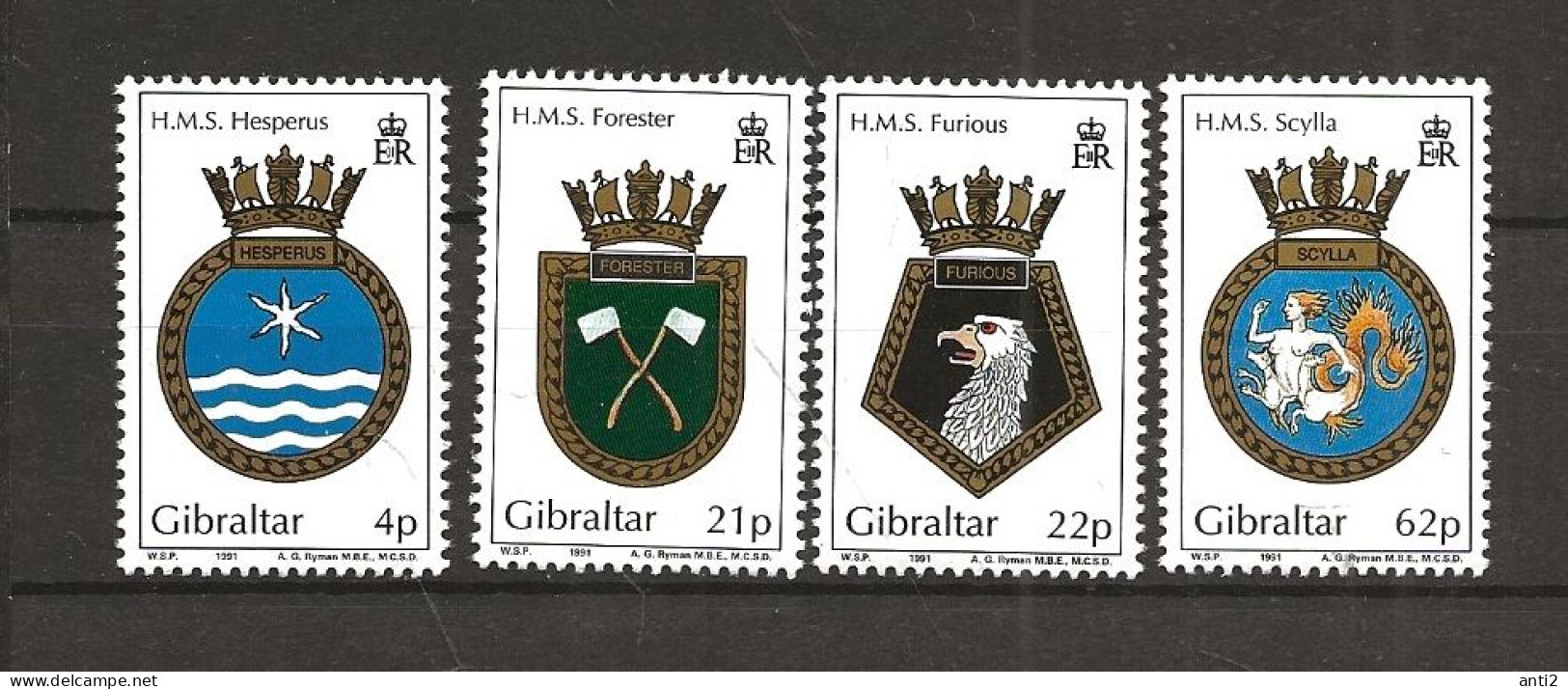 Gibraltar 1991 Ship Coat Of Arms (X),  HMS "Hesperus", HMS "Forester", HMS "Furious", HMS "Scylla" Mi 615-618 MNH(**) - Gibraltar