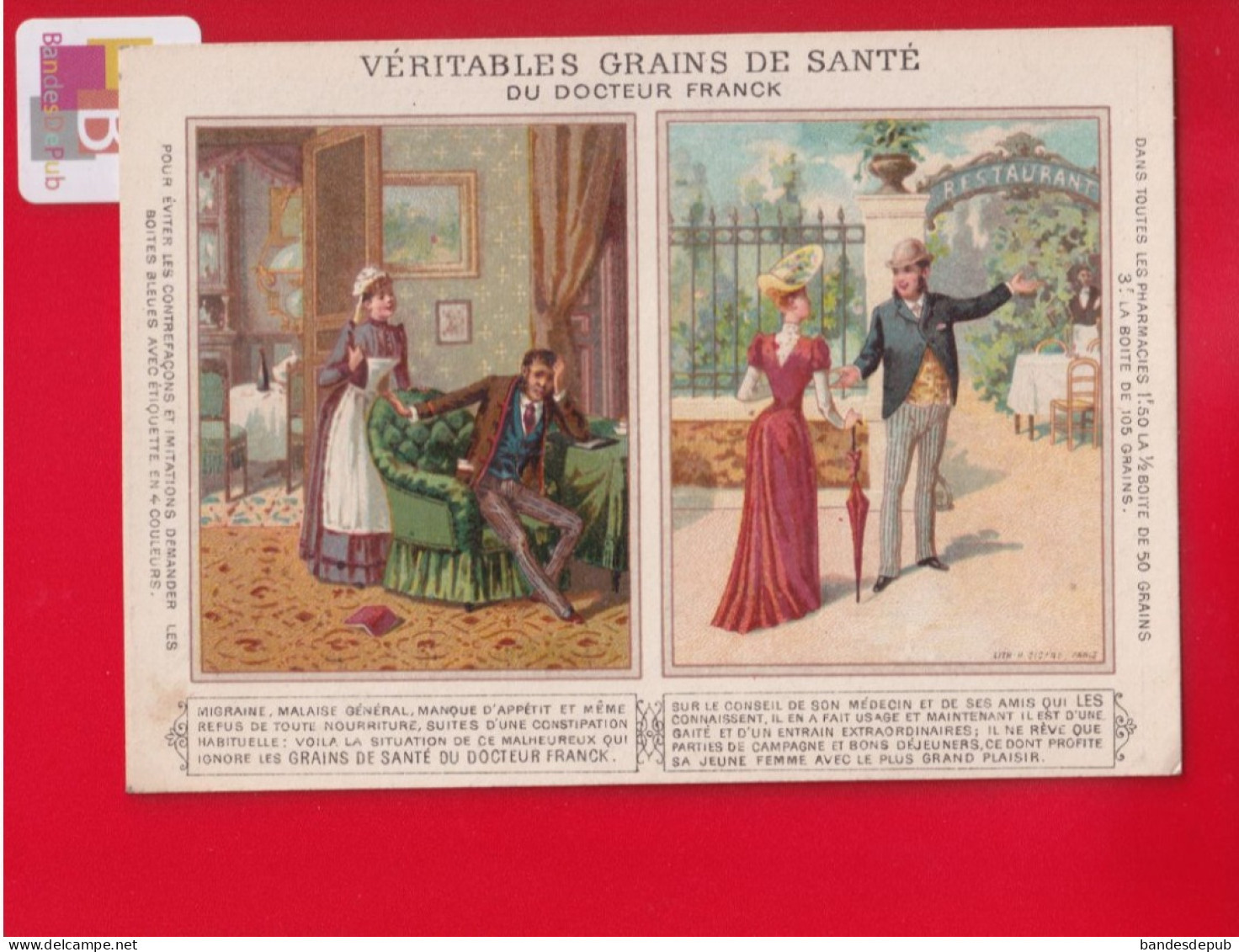 Calendrier Chromo  Publicitaire Grains De Santé Du Dr. Franck. Année 1891 Sicard  Couple Migraine Restaurant - Petit Format : ...-1900