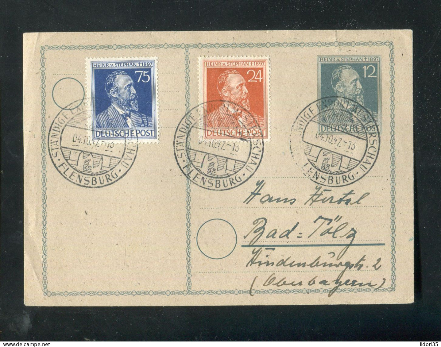 "ALL. BESETZUNG" 1947, Sonderpostkarte "Stephan" Mit Bildgleicher Zusatzfrank. SSt. "FLENSBURG, Exportmesse" (70137) - Postal  Stationery