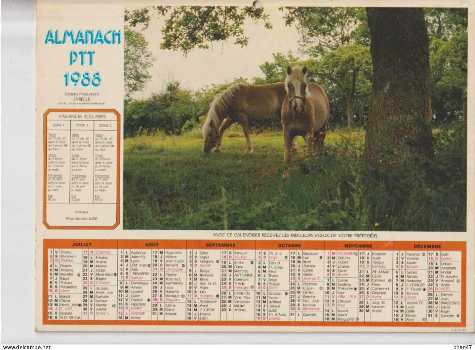 Almanach Du Facteur 1988, Jument Et Son Poulain / Chevaux, EYRELLE - Grand Format : 1981-90