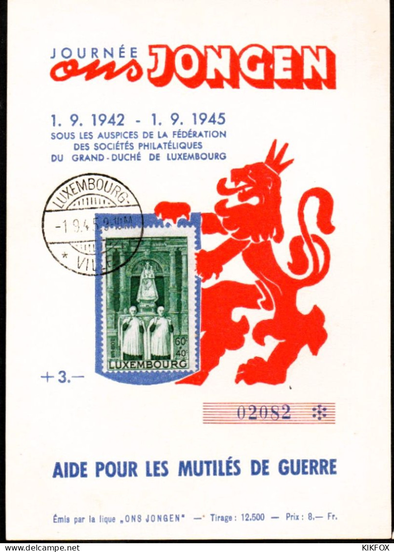 Luxembourg, Luxemburg,  1945, MI 382, YT 367, Special Card, JOURNEE ONS JONGEN, SONDERSTEMPEL - Briefe U. Dokumente