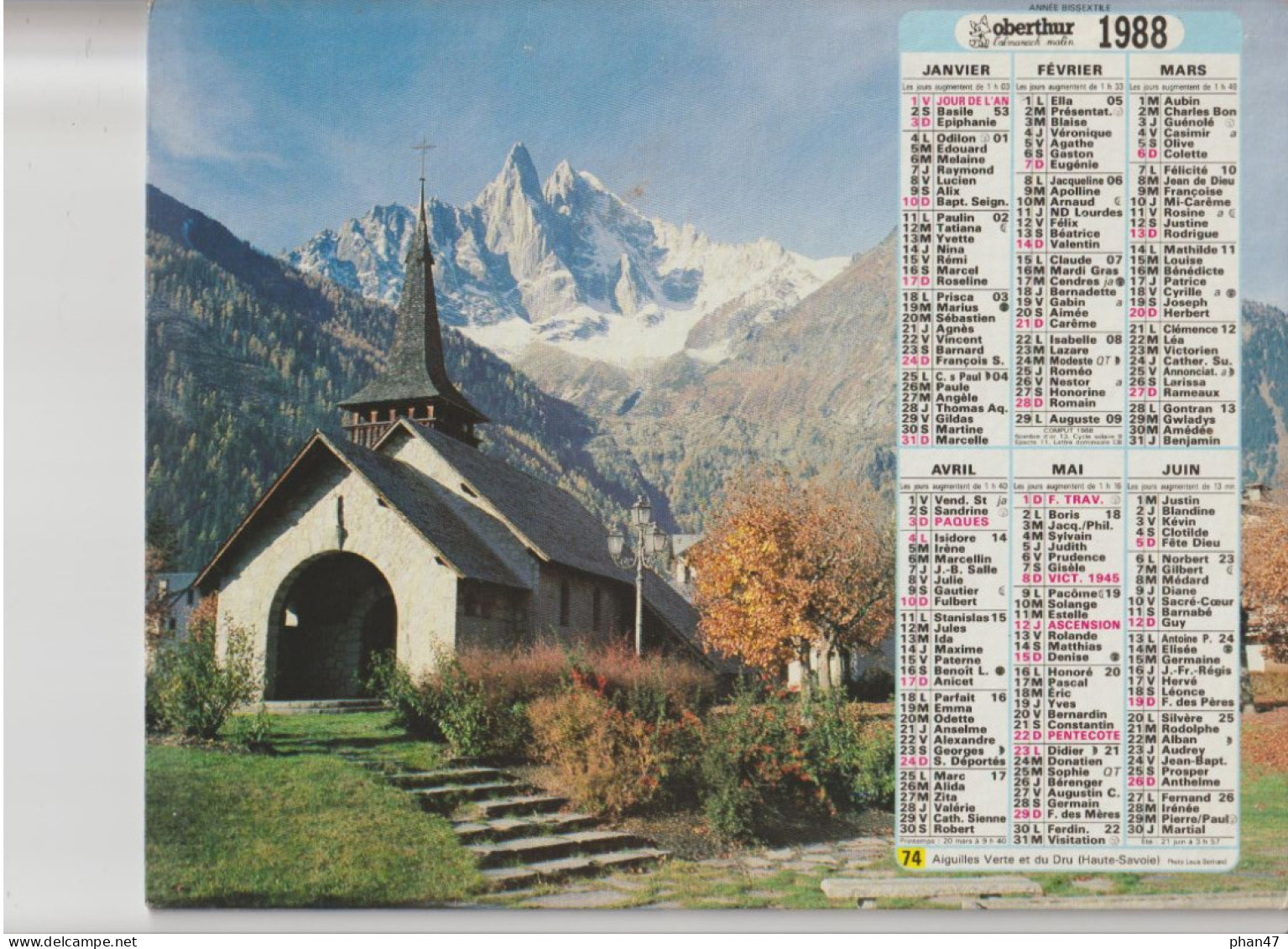 Almanach Du Facteur 1988, Aiguilles Verte Et Du Dru, Chapelle (Haute-Savoie) / Combloux (Haute-Savoie) OBERTHUR - Grand Format : 1981-90