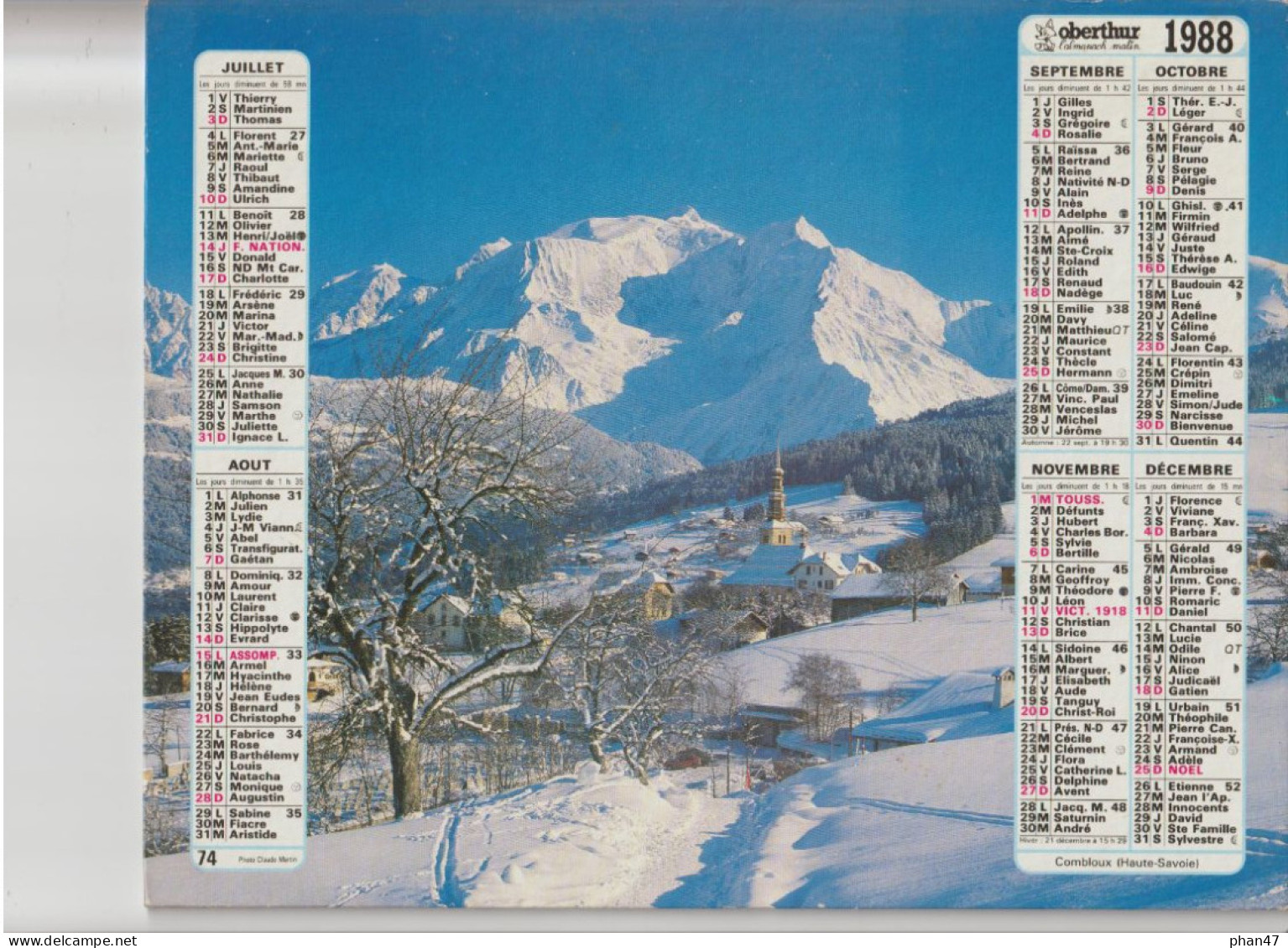 Almanach Du Facteur 1988, Aiguilles Verte Et Du Dru, Chapelle (Haute-Savoie) / Combloux (Haute-Savoie) OBERTHUR - Big : 1981-90