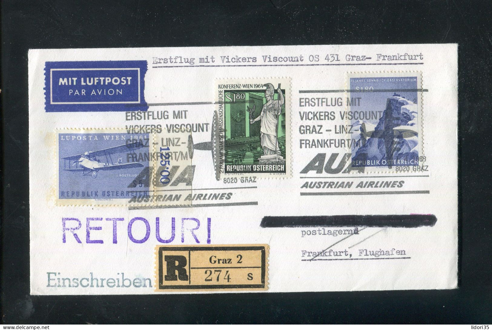 "OESTERREICH" 1968, AUA-Erstflugbrief Mit Vickers Viscount "Graz-Frankfurt" (70143) - Premiers Vols