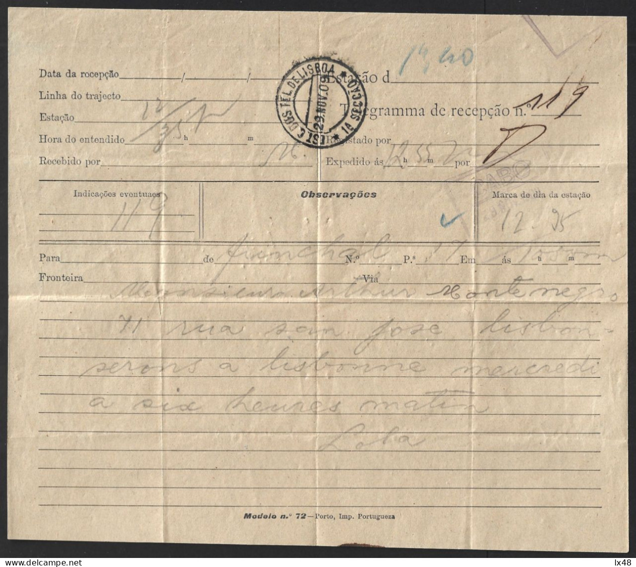 Telegrama Receção Expedido Do Funchal 'Via Cabo' Para  Lisboa 1909. Obliteração Da Estação Central De Telegrafos Lisboa - Lettres & Documents