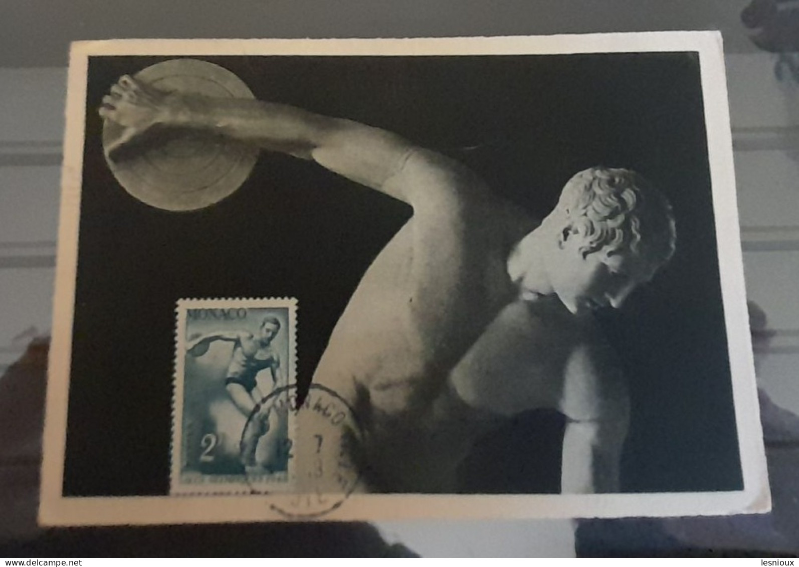 Monaco 1948 Carte Maximum 1er Jour N° 321 Maxi Card Jeux Olympiques Londres Lancement Du Disque Cachet Noir FDC - Covers & Documents