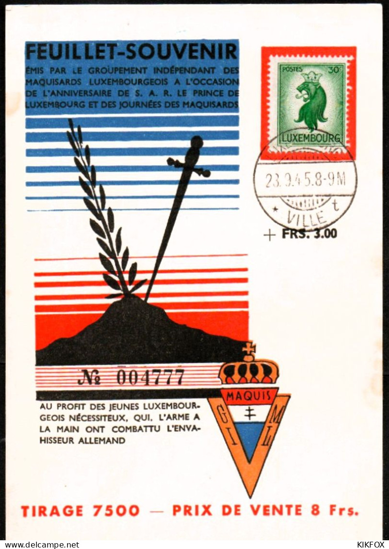 Luxembourg, Luxemburg,  1945, MI 389, Special Card, FEUILLET-SOUVENIR, MAQUIS, SONDERSTEMPEL - Lettres & Documents