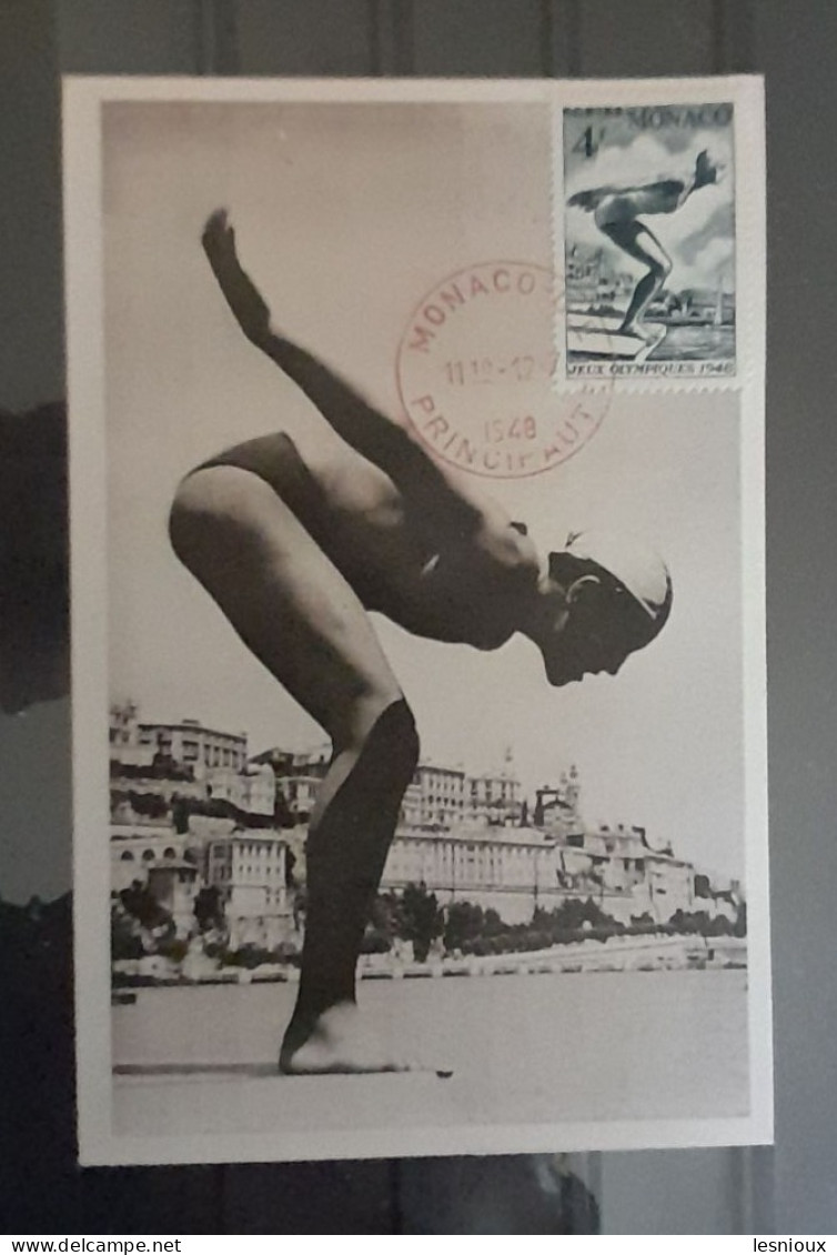 Monaco 1948 Carte Maximum 1er Jour FDC N° 323 Maxi Card Jeux Olympiques Londres Natation Cachet Rouge - Storia Postale