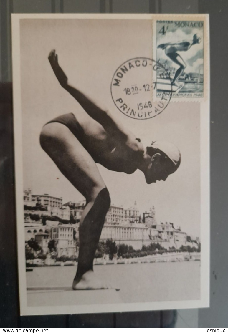 Monaco 1948 Carte Maximum 1er Jour FDC N° 323 Maxi Card Jeux Olympiques Londres Natation Cachet Noir - Storia Postale