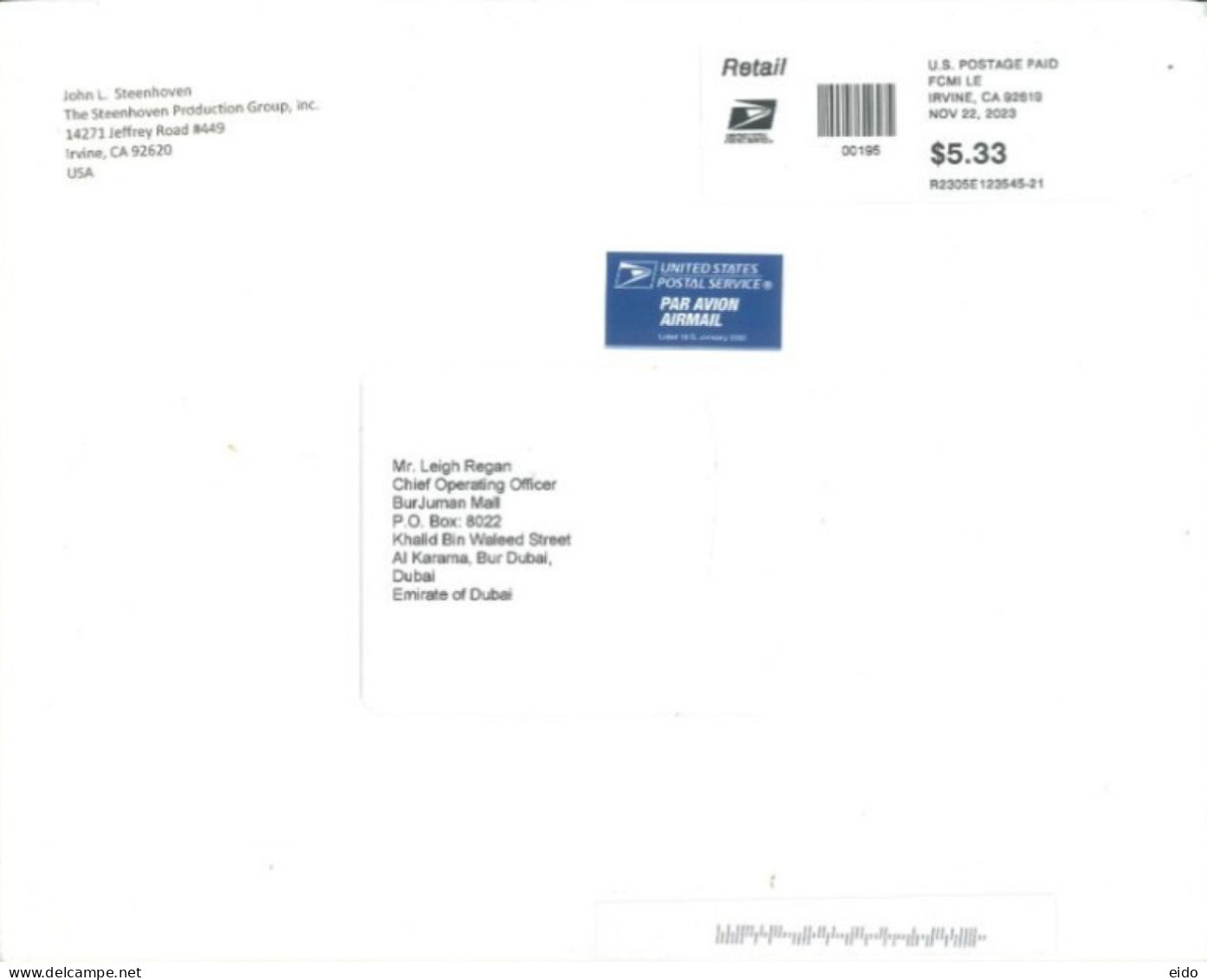 UNITED STATES. - 2023 - POSTAGE PAID LABEL CARDBOARD COVER TO DUBAI. - Storia Postale