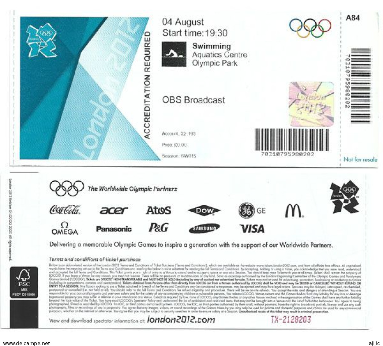 London 2012 Summer Olympics . Swimming. Aquatics Centre Olympic Park. Entrance Ticket - Estate 2012: London