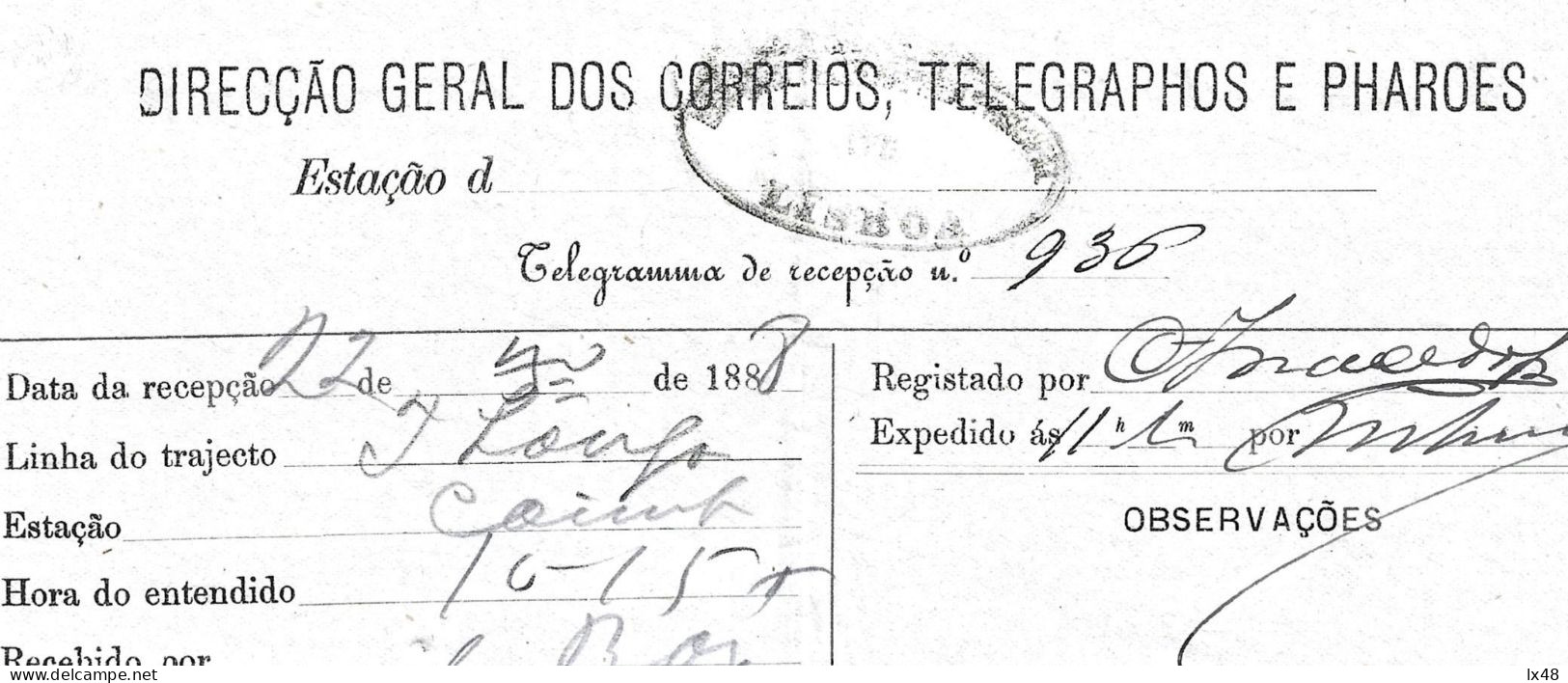 Telegrama Expedido Coimbra 1888 Para Lisboa, Obliteração Central De Telégrafos De Lisboa Central. Telegram Sent Coimbra - Lettres & Documents