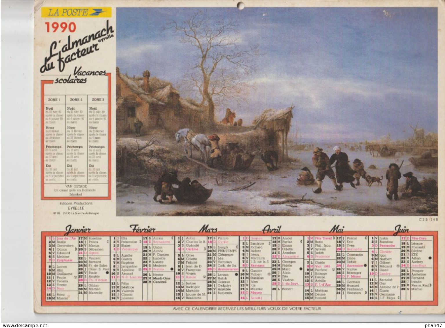 Almanach Du Facteur 1990, Tableaux : VAN OSTADE, Canal Gelé En Hollande / David TENIERS Parabole De L'enfant Prodigue - Groot Formaat: 1981-90