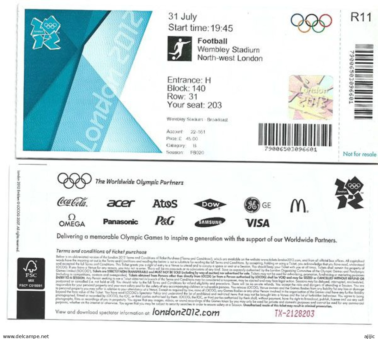 London 2012 Summer Olympics . FOOTBALL. WEMBLEY STADIUM. Entrance Ticket - Sommer 2012: London