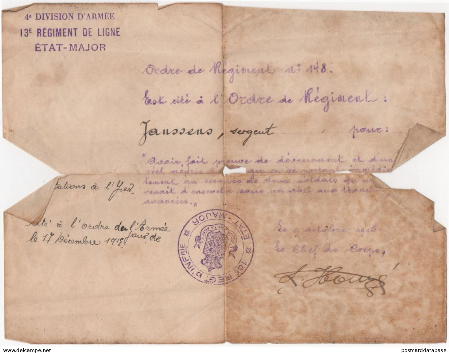 Etat-Major - Ordre De Regiment 1915 - 4e Division D'Armée - 13e Régiment De Ligne - Belgique Yser - Documenti