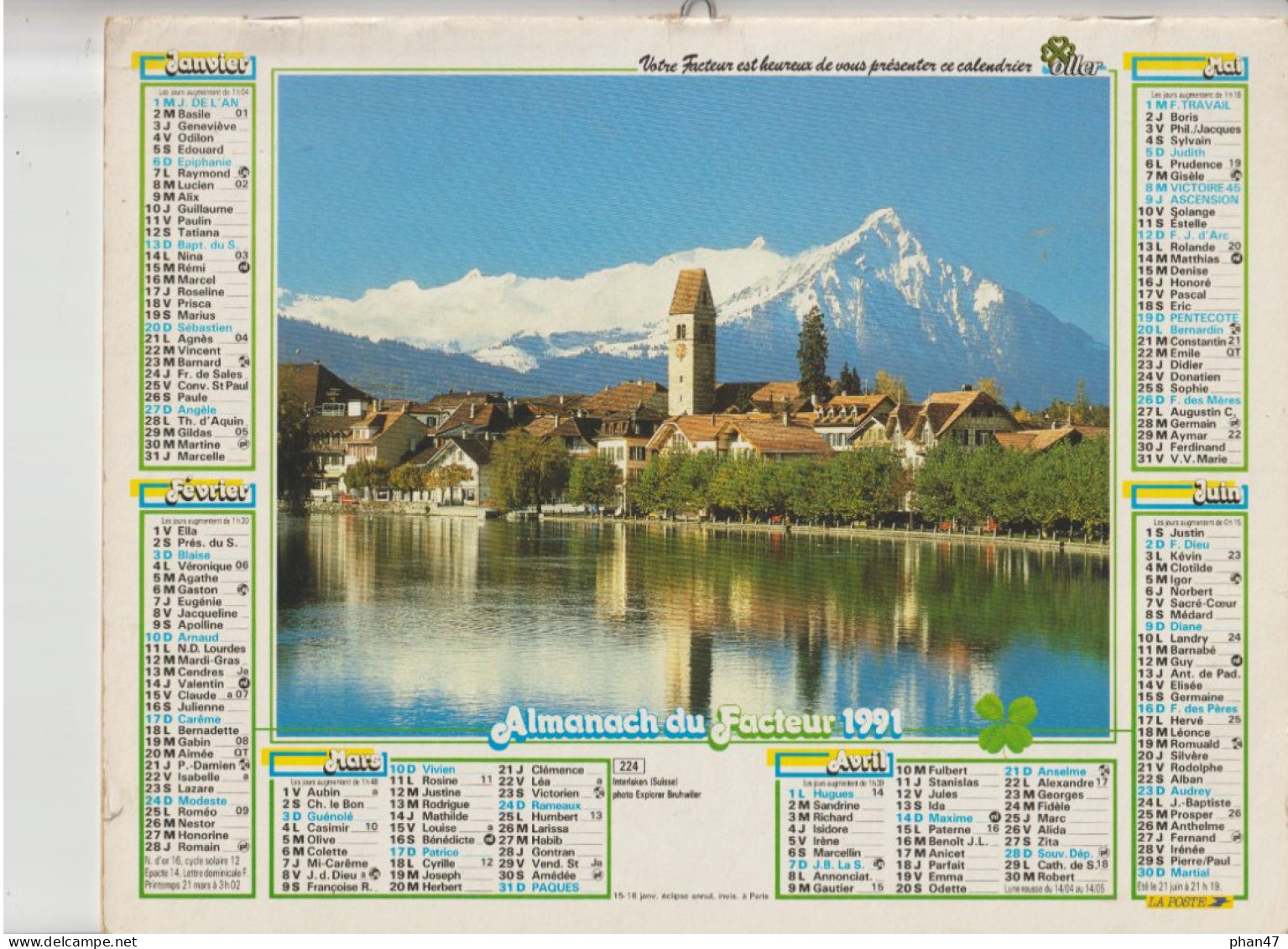 Almanach Du Facteur 1991, INTERLAKEN (Suisse) / Parc Anglais, étang, OLLER - Groot Formaat: 1991-00