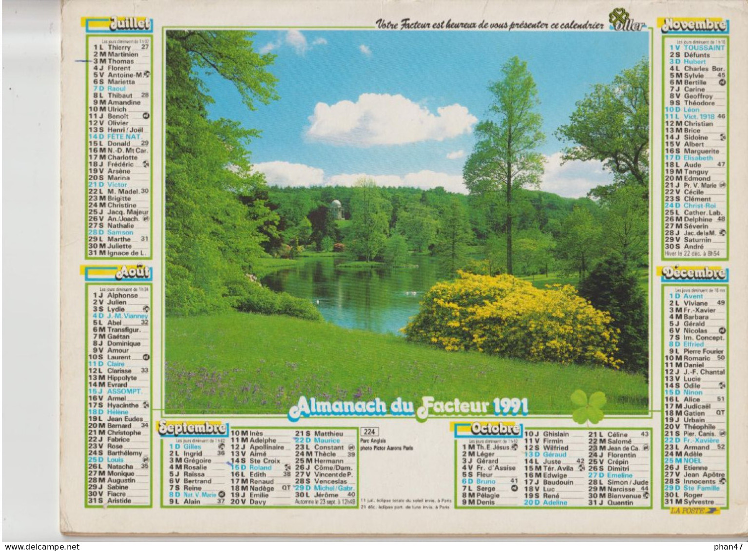 Almanach Du Facteur 1991, INTERLAKEN (Suisse) / Parc Anglais, étang, OLLER - Big : 1991-00