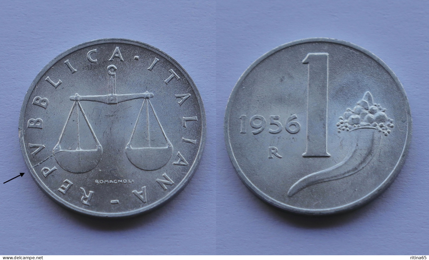 ERRORE !!! 1 LIRA 1956 CON LINEA IN RILIEVO DI METALLO  !!! RARO - 1 Lire