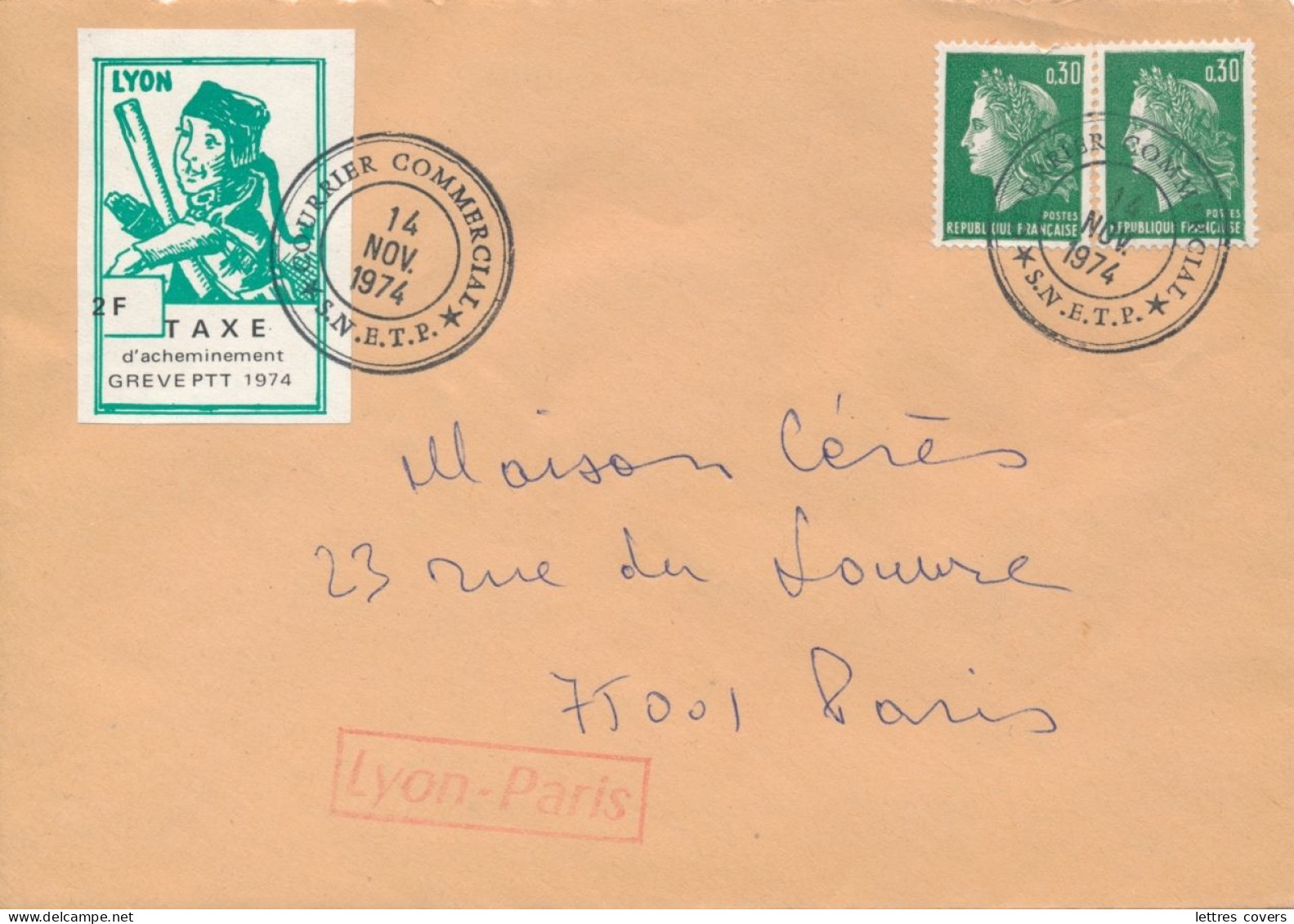 GREVE DE LYON 1974 VARIÉTÉ VIGNETTE 2F GUIGNOL TAXE TIMBRE FRANCE CHEFFER LETTRE Enveloppe - Documents