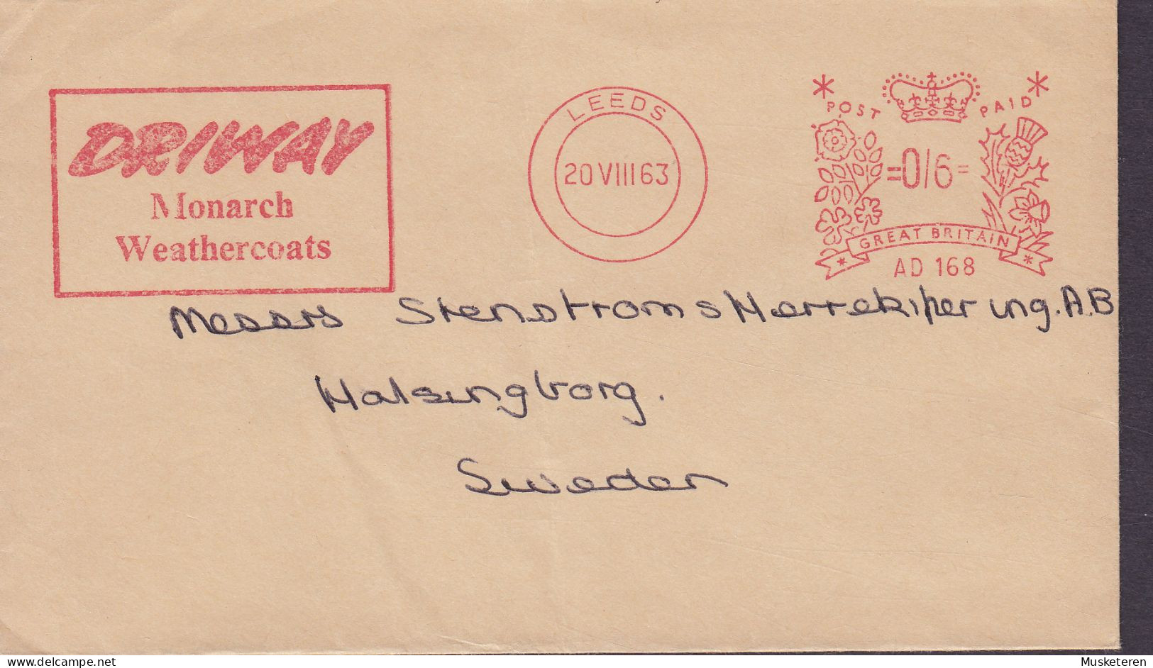 Great Britain 'Driway' Monarch Weatercoats, LEEDS 'AD 168' 1963 Meter Cover Brief HÄLSINGBORG Sweden - Maschinenstempel (EMA)