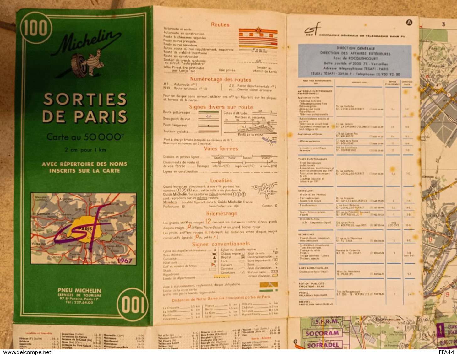 CSF  1967    PLAN SORTIES DE PARIS   avec Répertoire des noms d'entreprises  CSF , placées sur la carte.