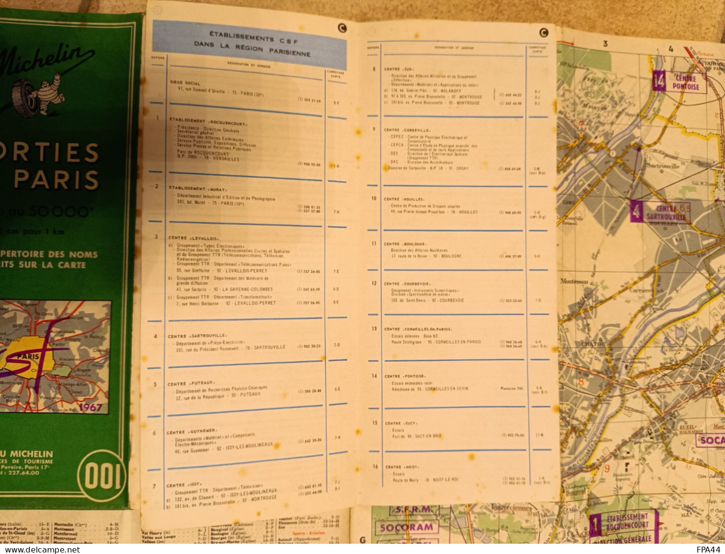 CSF  1967    PLAN SORTIES DE PARIS   avec Répertoire des noms d'entreprises  CSF , placées sur la carte.