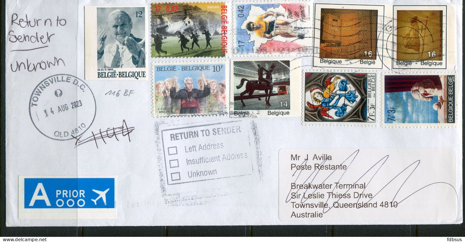 Aug. 2023 Cover From Belgium To Townsville Australia - Returned Back 23/2/2024 - See Postal Markings RTS - Australia Pos - Storia Postale