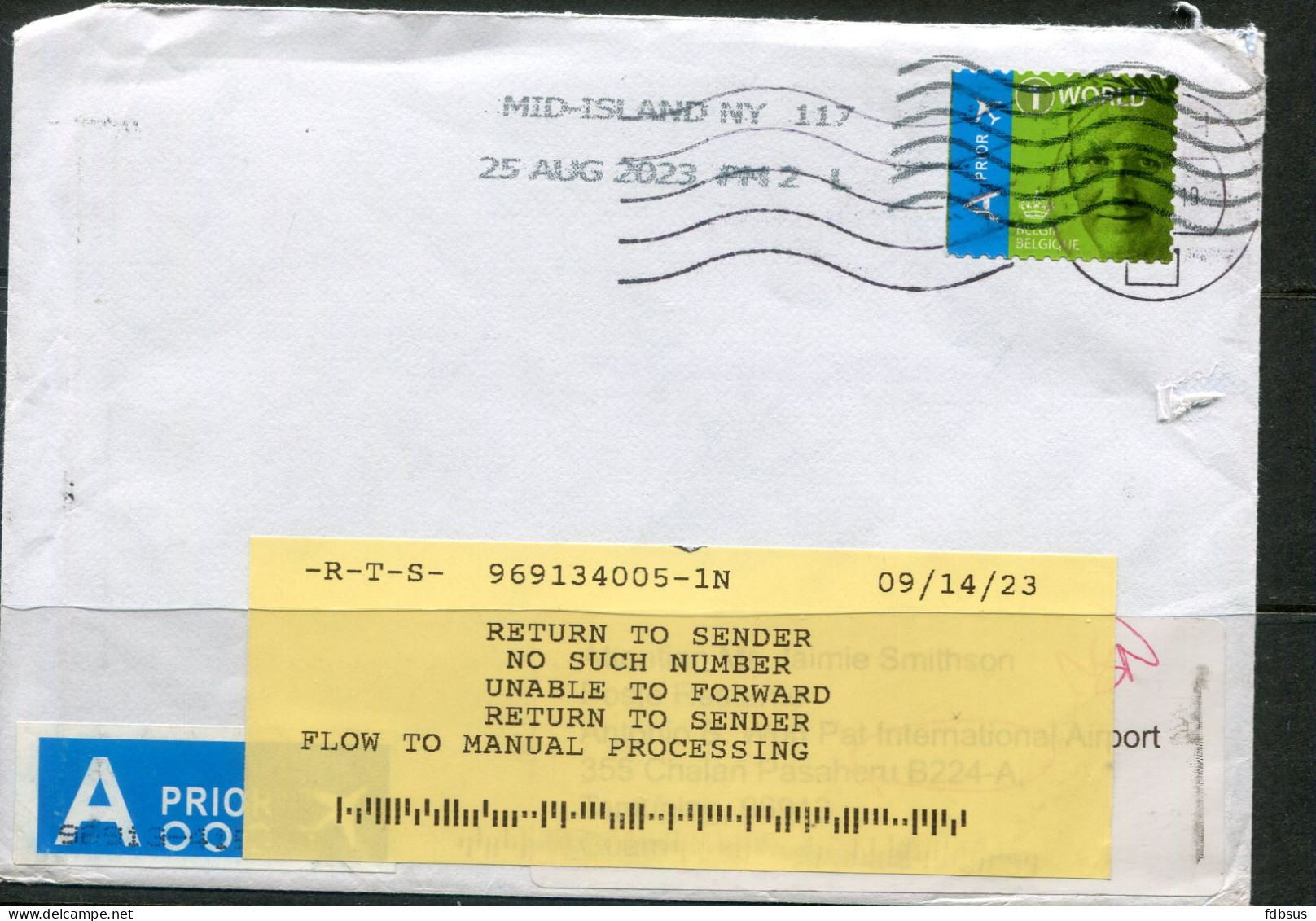 Cover From Belgium To Airport In Guam - Returned - See Postal Markings RTS - Yellow Sticker - See Text - Storia Postale