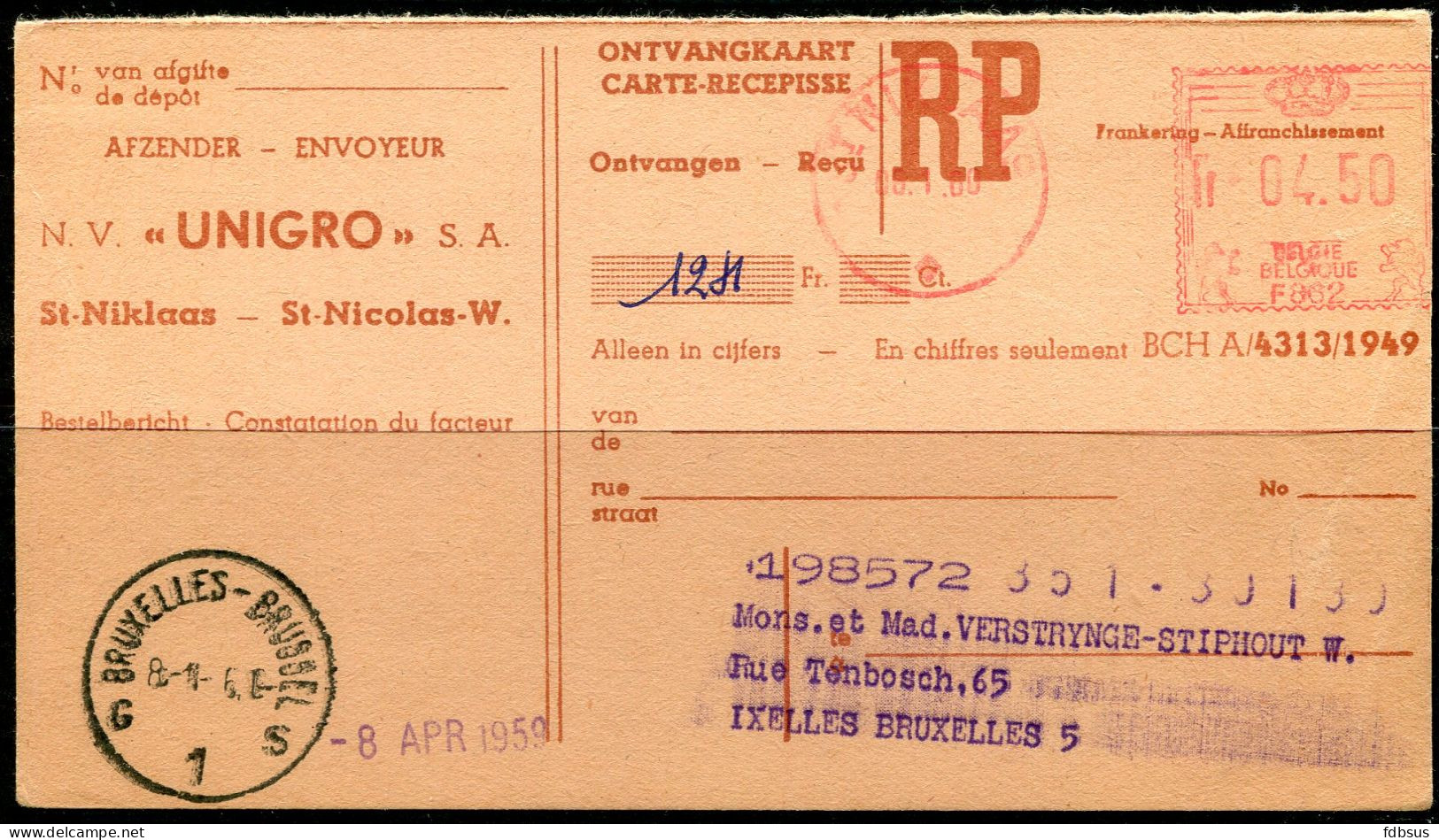 1960 Ontvangkaart Van UNIGRO Sint Niklaas - Rode Machine Frankering En 2talige Stempel Brussel G1S - Covers & Documents