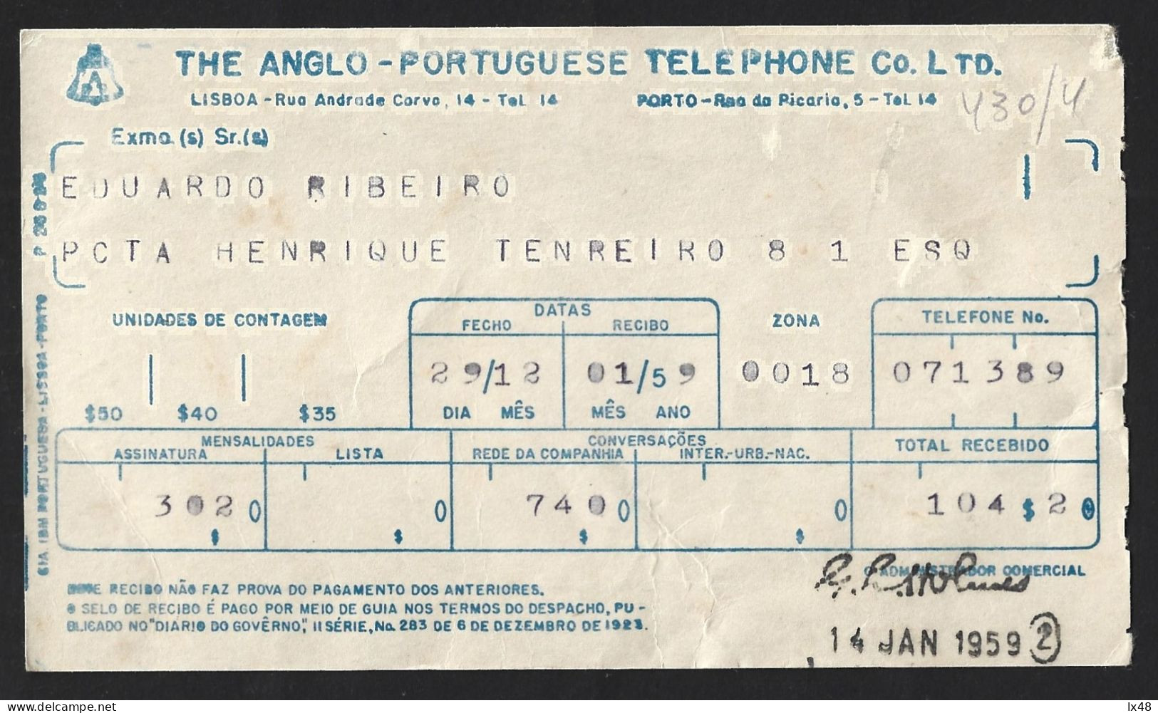 APT Receipt - The Anglo-Portuguese Telephone From 1959 Almada. Recibo Da APT - The Anglo-Portuguese Telephone De 1959 Al - Portogallo