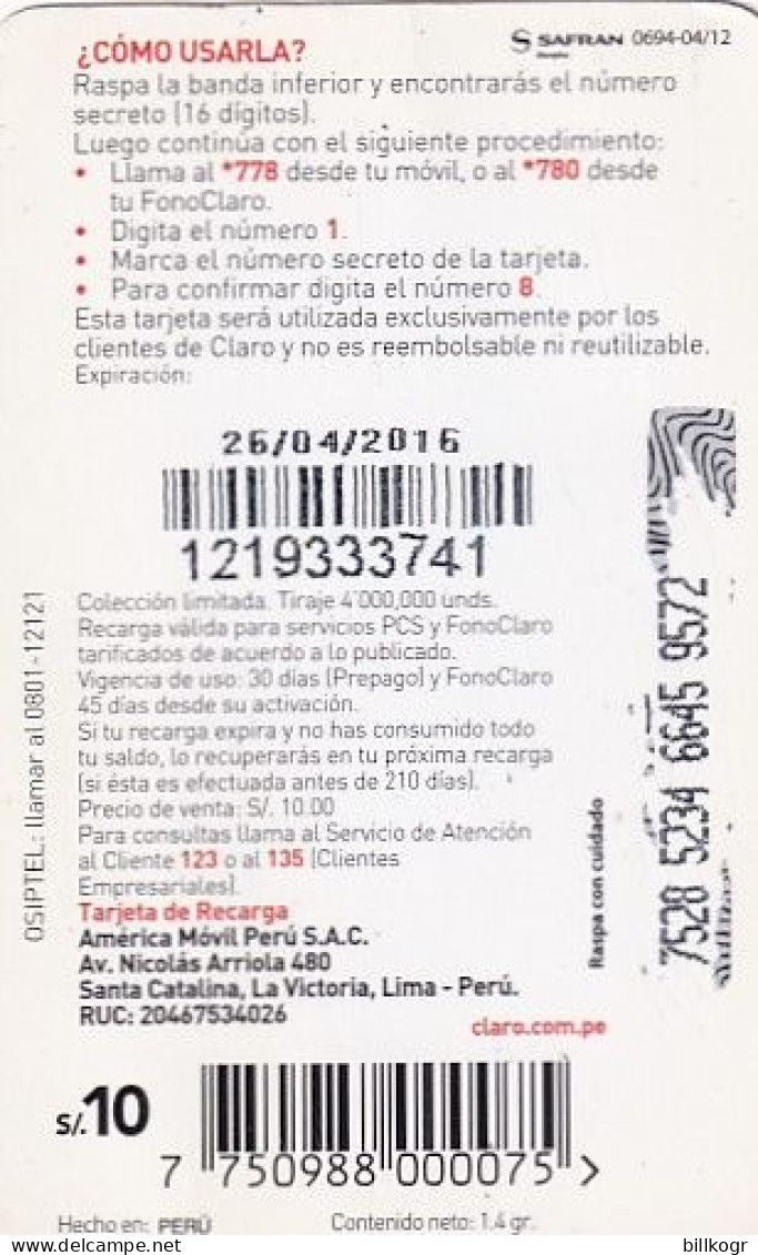 PERU - Pinguin, Claro Prepaid Card S/.10, Exp.date 26/04/16, Used - Peru