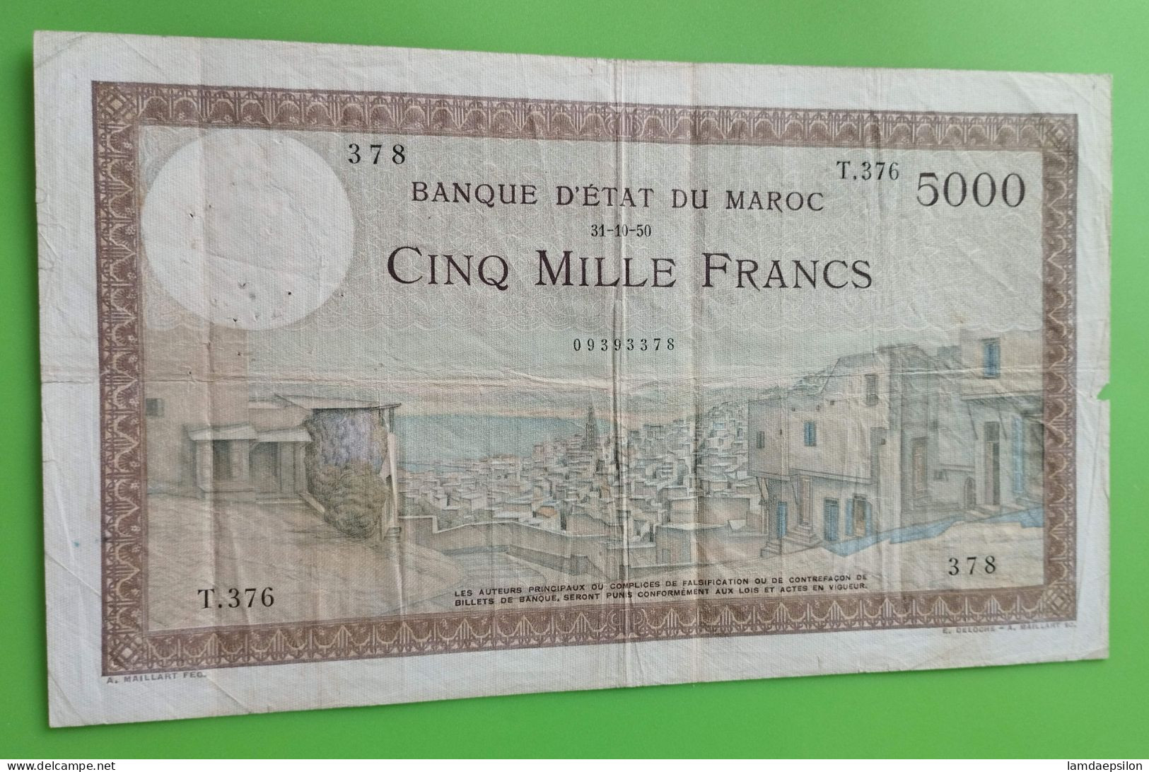 MAROC MOROCCO MARRUECOS MAROKKO BANQUE D'ETAT 5000 FRANC 1950 RARE - Maroc