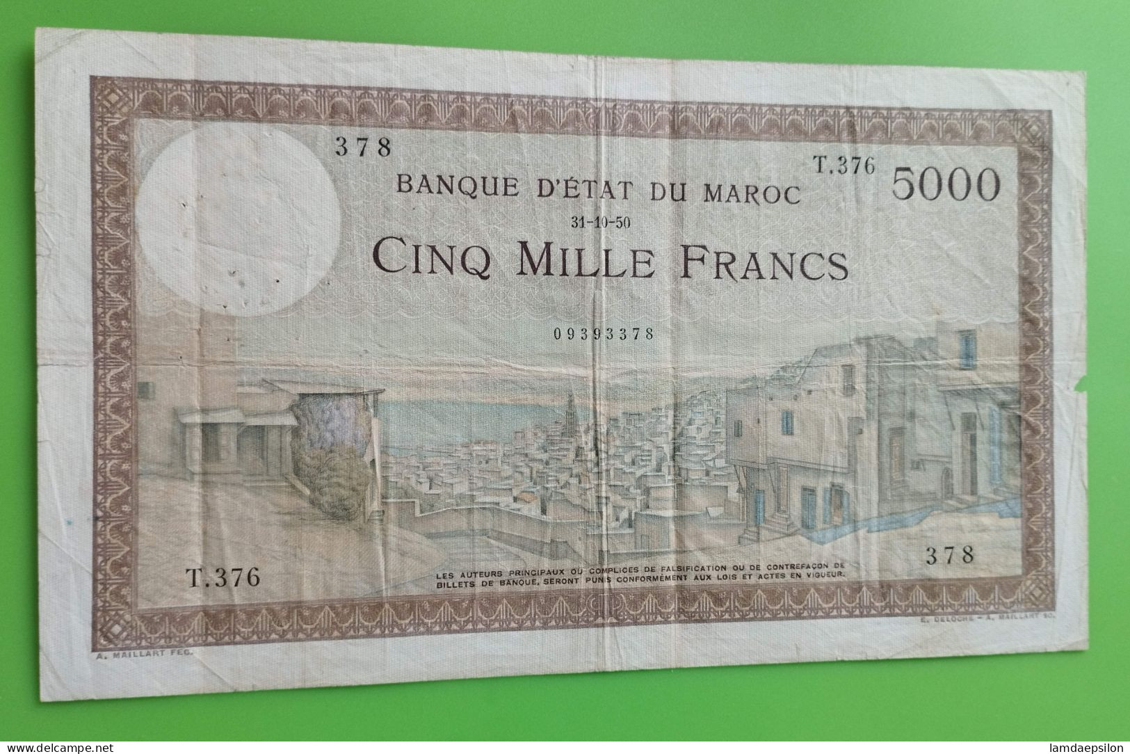 MAROC MOROCCO MARRUECOS MAROKKO BANQUE D'ETAT 5000 FRANC 1950 RARE - Maroc